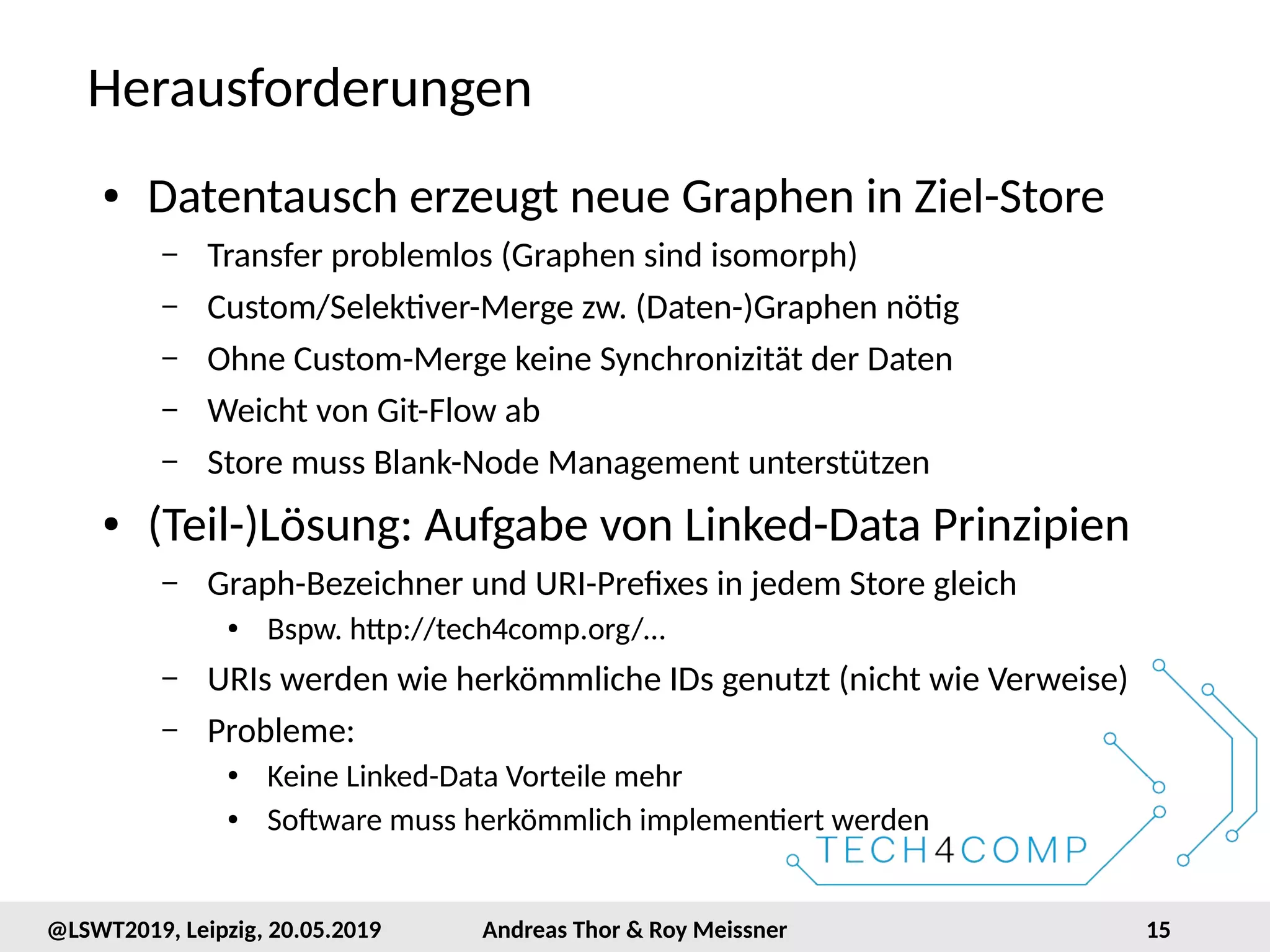 15@LSWT2019, Leipzig, 20.05.2019 Andreas Thor & Roy Meissner
Herausforderungen
● Datentausch erzeugt neue Graphen in Ziel-Store
– Transfer problemlos (Graphen sind isomorph)
– Custom/Selektiver-Merge zw. (Daten-)Graphen nötig
– Ohne Custom-Merge keine Synchronizität der Daten
– Weicht von Git-Flow ab
– Store muss Blank-Node Management unterstützen
● (Teil-)Lösung: Aufgabe von Linked-Data Prinzipien
– Graph-Bezeichner und URI-Prefixes in jedem Store gleich
● Bspw. http://tech4comp.org/…
– URIs werden wie herkömmliche IDs genutzt (nicht wie Verweise)
– Probleme:
● Keine Linked-Data Vorteile mehr
● Software muss herkömmlich implementiert werden
 