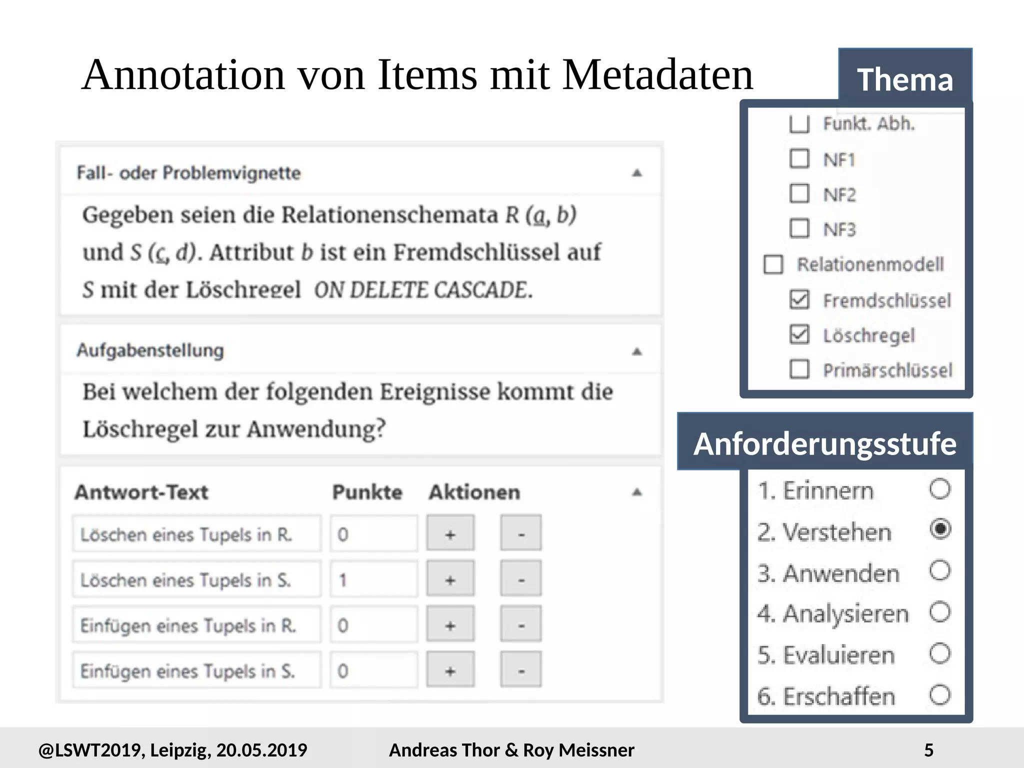 5@LSWT2019, Leipzig, 20.05.2019 Andreas Thor & Roy Meissner
Annotation von Items mit Metadaten
Anforderungsstufe
Thema
 