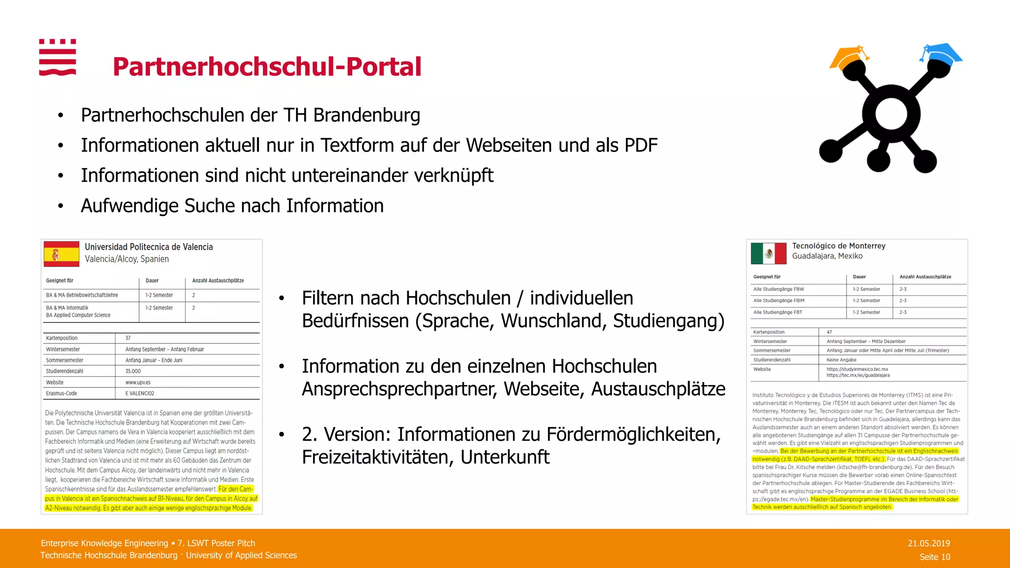 Technische Hochschule Brandenburg · University of Applied Sciences Seite 10
Partnerhochschul-Portal
21.05.2019Enterprise Knowledge Engineering • 7. LSWT Poster Pitch
• Filtern nach Hochschulen / individuellen
Bedürfnissen (Sprache, Wunschland, Studiengang)
• Information zu den einzelnen Hochschulen
Ansprechsprechpartner, Webseite, Austauschplätze
• 2. Version: Informationen zu Fördermöglichkeiten,
Freizeitaktivitäten, Unterkunft
• Partnerhochschulen der TH Brandenburg
• Informationen aktuell nur in Textform auf der Webseiten und als PDF
• Informationen sind nicht untereinander verknüpft
• Aufwendige Suche nach Information
 