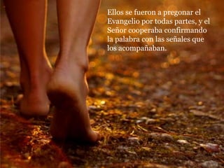 Ellos se fueron a pregonar el
Evangelio por todas partes, y el
Señor cooperaba confirmando
la palabra con las señales que
los acompañaban.
 