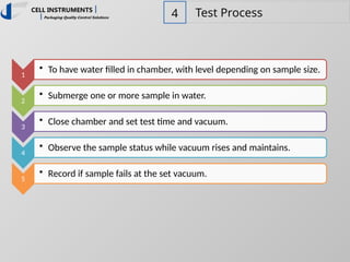 4 Test Process
1
• To have water filled in chamber, with level depending on sample size.
2
• Submerge one or more sample in water.
3
• Close chamber and set test time and vacuum.
4
• Observe the sample status while vacuum rises and maintains.
5
• Record if sample fails at the set vacuum.
 