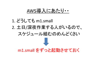 AWS導入にあたり・・
1. どうしても m1.small
2. 土日/深夜作業する人がいるので、
スケジュール組むのめんどくさい

m1.small をずっと起動させておく

 