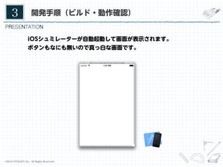 3	

開発手順（ビルド・動作確認）

iOSシュミレーターが自動起動して画面が表示されます。
ボタンもなにも無いので真っ白な画面です。

©2014 VITALIFY Inc. All Rights Reserved.	

13	

 