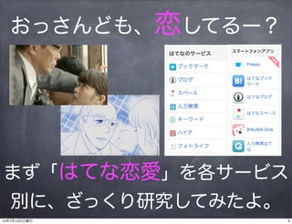 おっさんども、恋してるー？
まず「はてな恋愛」を各サービス
別に、ざっくり研究してみたよ。
314年7月13日日曜日
 