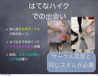 はてなハイク
での出会い
まんま文化系サークル
の飲み会ノリ。
はてな女子をめぐって
きゃっきゃうふふ合戦
結局、コミュ力の高い
リア充が勝つ
サークル恋愛と
同じスキルが必要
414年7月13日日曜日
 