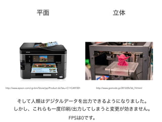 平面 立体
http://www.epson.com/cgi-bin/Store/jsp/Product.do?sku=C11CA97201 http://www.gizmodo.jp/2013/05/3d_74.html
そして人類はデジタルデータを出力できるようになりました。
しかし、これらも一度印刷/出力してしまうと変更が効きません。
FPSは0です。
 