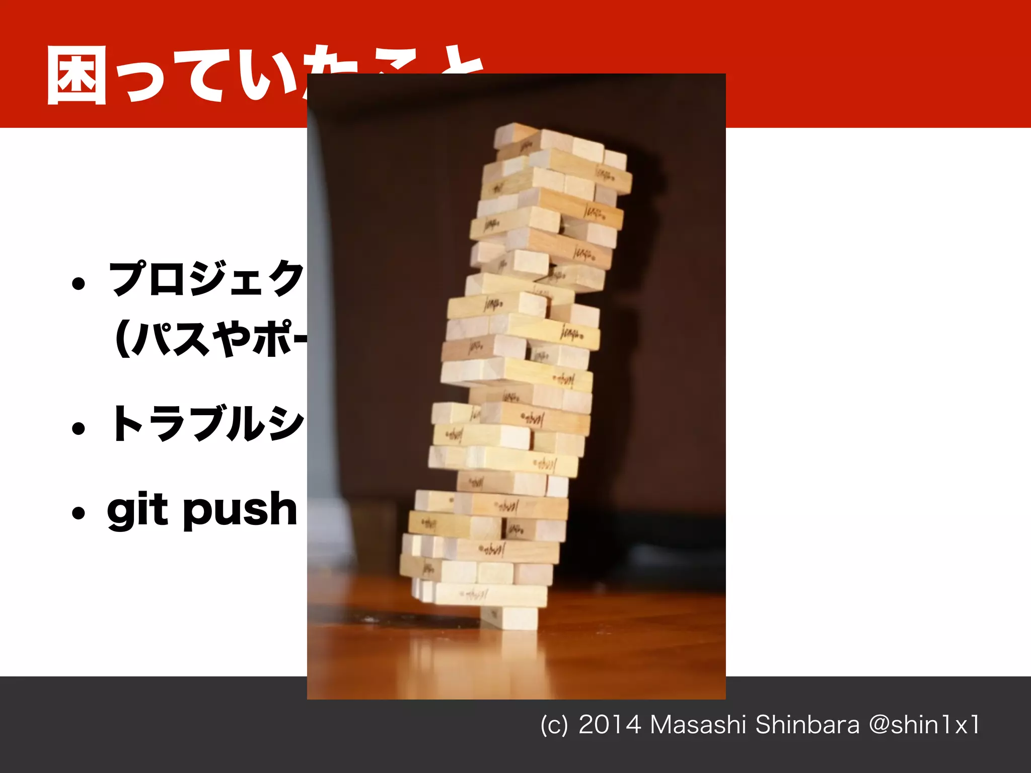 困っていたこと
(c) 2014 Masashi Shinbara @shin1x1
• プロジェクト毎の環境構築が面倒 
（パスやポートを変えて同居）
• トラブルシューティングが面倒
• git push の度にサーバが唸る
 
