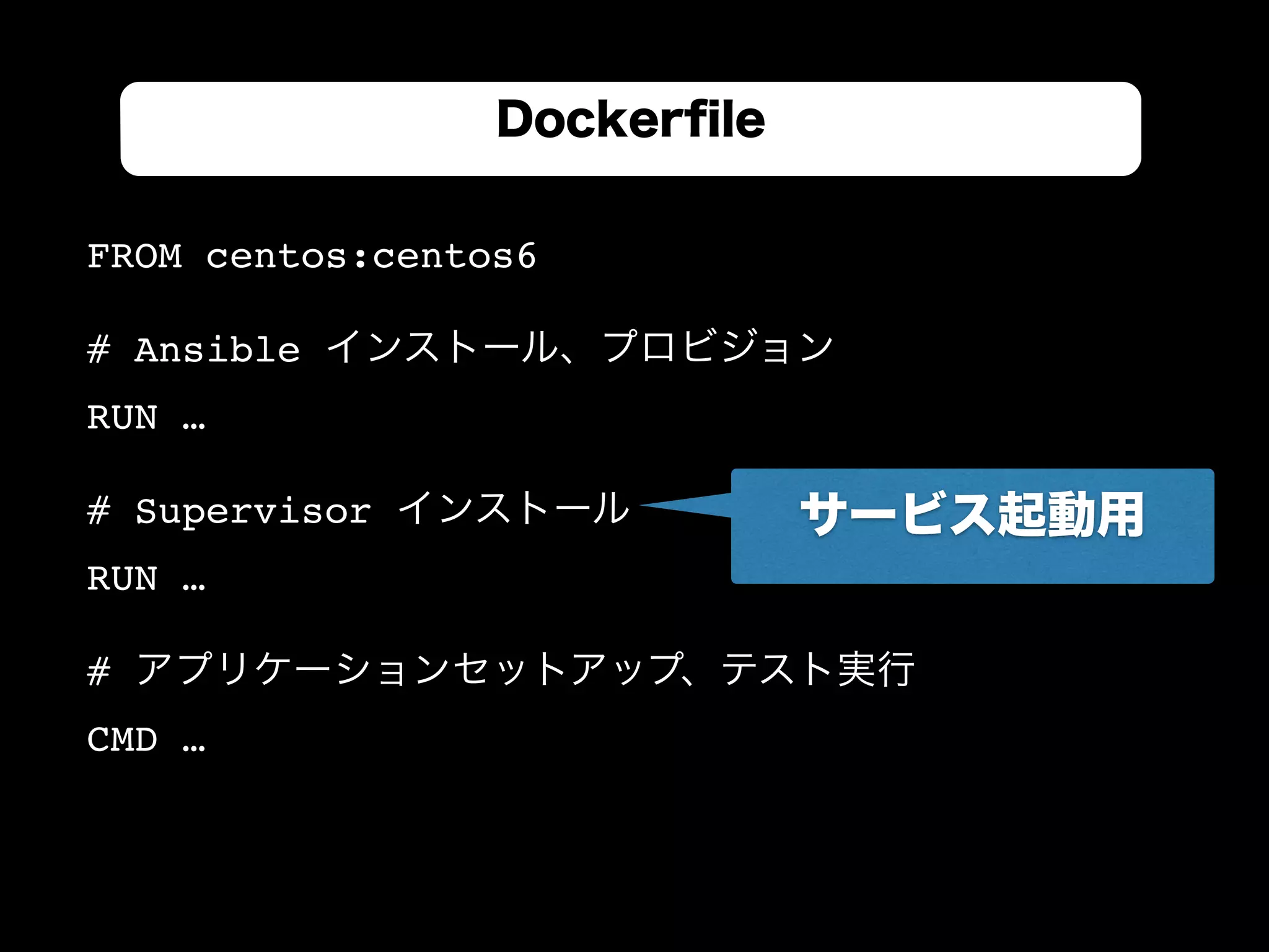 FROM centos:centos6
# Ansible インストール、プロビジョン
RUN …
# Supervisor インストール
RUN …
# アプリケーションセットアップ、テスト実行
CMD …
Dockerﬁle
サービス起動用
 