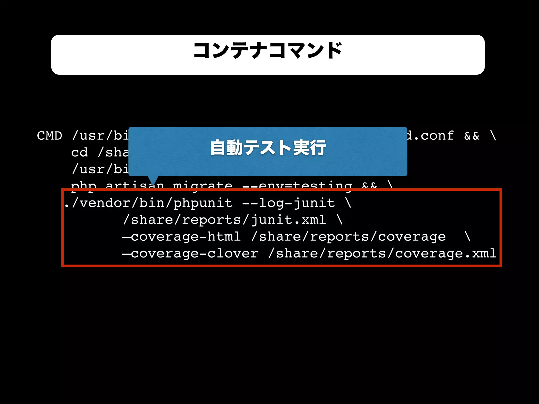 CMD /usr/bin/supervisord -c /etc/supervisord.conf && 
cd /share && 
/usr/bin/composer install && 
php artisan migrate --env=testing && 
./vendor/bin/phpunit --log-junit 
/share/reports/junit.xml 
—coverage-html /share/reports/coverage 
—coverage-clover /share/reports/coverage.xml
コンテナコマンド
自動テスト実行
 