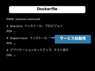 FROM centos:centos6
# Ansible インストール、プロビジョン
RUN …
# Supervisor インストール
RUN …
# アプリケーションセットアップ、テスト実行
CMD …
Dockerﬁle
サービス起動用
 