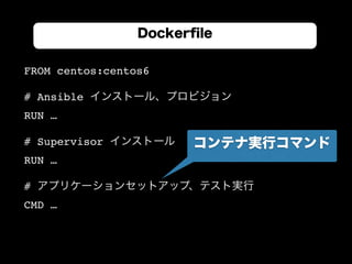FROM centos:centos6
# Ansible インストール、プロビジョン
RUN …
# Supervisor インストール
RUN …
# アプリケーションセットアップ、テスト実行
CMD …
Dockerﬁle
コンテナ実行コマンド
 