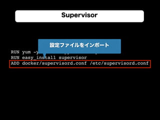 RUN yum -y install python-setuptools
RUN easy_install supervisor
ADD docker/supervisord.conf /etc/supervisord.conf
Supervisor
設定ファイルをインポート
 