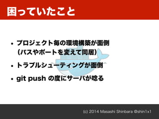 困っていたこと
(c) 2014 Masashi Shinbara @shin1x1
• プロジェクト毎の環境構築が面倒 
（パスやポートを変えて同居）
• トラブルシューティングが面倒
• git push の度にサーバが唸る
 