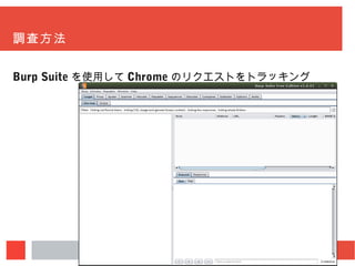 調査方法
Burp Suite を使用して Chrome のリクエストをトラッキング
 