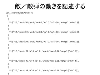 敵／敵弾の動きを記述する
var __enemyBulletsParams = [
[
{
'v': { 'r': 5, 'theta': 165, 'w': 0, 'ra': 0.1, 'wa': 0, 'raa': -0.01, 'rrange': { 'min': 2 } },
},
{
'v': { 'r': 5, 'theta': 135, 'w': 0, 'ra': 0.1, 'wa': 0, 'raa': -0.01, 'rrange': { 'min': 2 } },
},
{
'v': { 'r': 5, 'theta': 105, 'w': 0, 'ra': 0.1, 'wa': 0, 'raa': -0.01, 'rrange': { 'min': 2 } },
},
{
'v': { 'r': 5, 'theta': 75, 'w': 0, 'ra': 0.1, 'wa': 0, 'raa': -0.01, 'rrange': { 'min': 2 } },
},
{
'v': { 'r': 5, 'theta': 45, 'w': 0, 'ra': 0.1, 'wa': 0, 'raa': -0.01, 'rrange': { 'min': 2 } },
},
{
'v': { 'r': 5, 'theta': 15, 'w': 0, 'ra': 0.1, 'wa': 0, 'raa': -0.01, 'rrange': { 'min': 2 } },
},
 