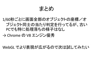 まとめ
1/60秒ごとに画面全部のオブジェクトの座標／オ
ブジェクト同士の当たり判定を行ってるが、古い
PCでも特に処理落ちの様子はなし
→ Chrome の V8 エンジン優秀
WebGL でより表現が広がるので次は試してみたい
 