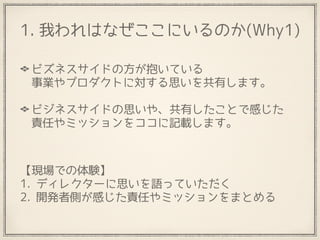 1. 我われはなぜここにいるのか(Why1)
【現場での体験】
1. ディレクターに思いを語っていただく
2. 開発者側が感じた責任やミッションをまとめる
ビズネスサイドの方が抱いている 
事業やプロダクトに対する思いを共有します。 
ビジネスサイドの思いや、共有したことで感じた 
責任やミッションをココに記載します。
 