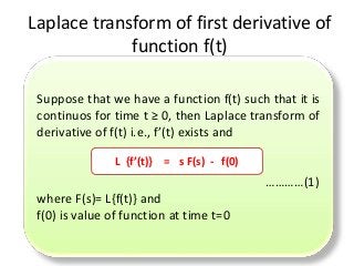 Laplace transform of first derivative of
function f(t)
Suppose that we have a function f(t) such that it is
continuos for time t ≥ 0, then Laplace transform of
derivative of f(t) i.e., f’(t) exists and
…………(1)
where F(s)= L{f(t)} and
f(0) is value of function at time t=0
L {f’(t)} = s F(s) - f(0)
 