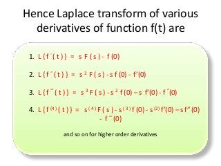 Hence Laplace transform of various
derivatives of function f(t) are
. 1. L { f ‘ ( t ) } = s F ( s ) - f (0)
2. L { f “ ( t ) } = s 2 F ( s ) - s f (0) - f’(0)
3. L { f “’ ( t ) } = s 3 F ( s ) - s 2 f (0) – s f’(0) - f “(0)
4. L { f (4 ) ( t ) } = s ( 4 ) F ( s ) - s ( 3 ) f (0) - s (2) f’(0) – sf” (0)
- f “’ (0)
and so on for higher order derivatives
 