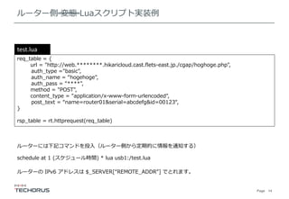 Page 14
ルーター側 変態 Luaスクリプト実装例
req_table = {
url = "http://web.********.hikaricloud.cast.flets-east.jp./cgap/hoghoge.php",
auth_type ="basic",
auth_name = “hogehoge",
auth_pass = “****",
method = "POST",
content_type = "application/x-www-form-urlencoded",
post_text = “name=router01&serial=abcdefg&id=00123“,
}
rsp_table = rt.httprequest(req_table)
schedule at 1 (スケジュール時間) * lua usb1:/test.lua
test.lua
ルーターには下記コマンドを投入（ルーター側から定期的に情報を通知する）
ルーターの IPv6 アドレスは $_SERVER[“REMOTE_ADDR”] でとれます。
 