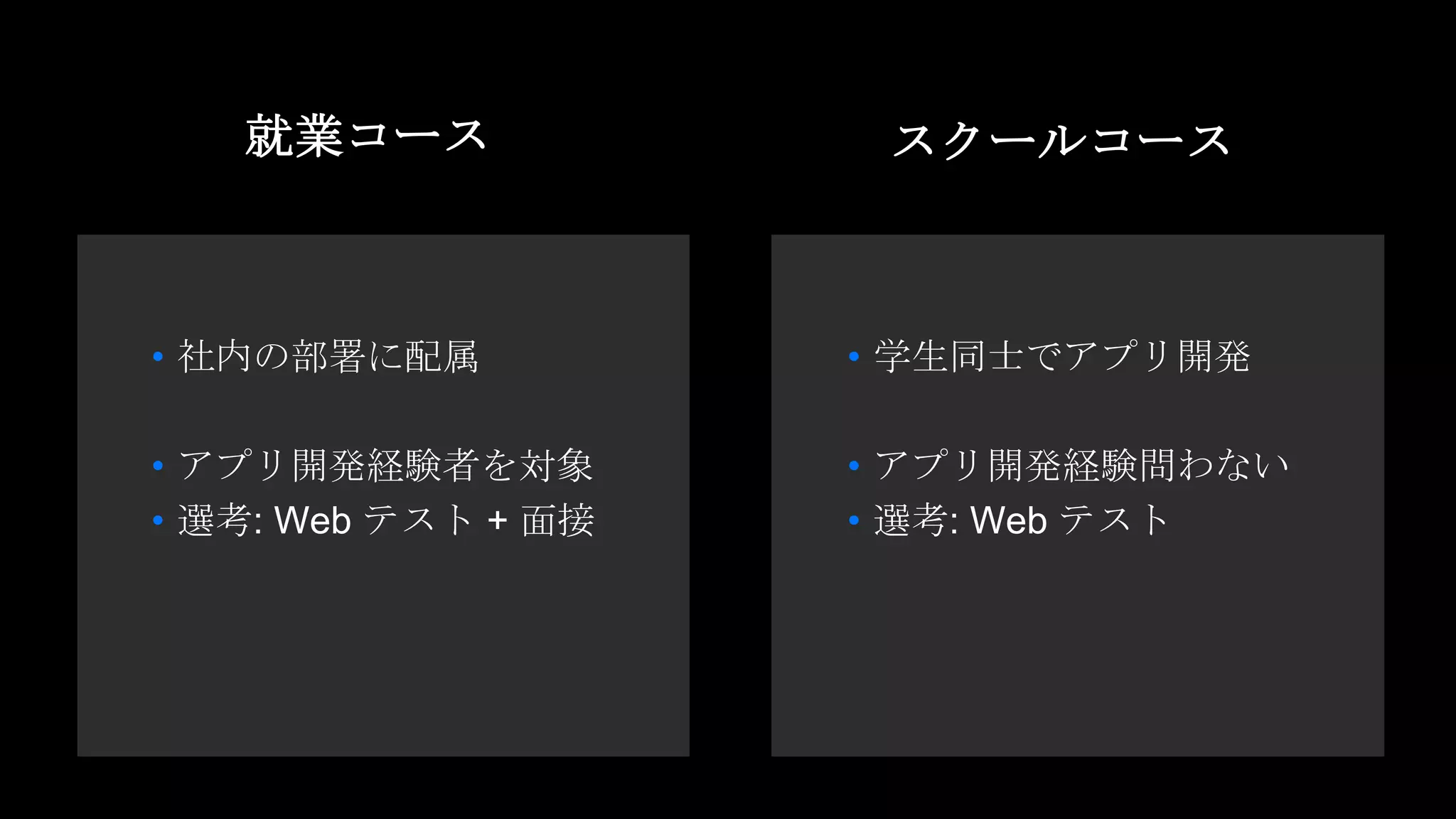 就業コース
• 社内の部署に配属
• アプリ開発経験者を対象
• 選考: Web テスト + 面接
• 学生同士でアプリ開発
• アプリ開発経験問わない
• 選考: Web テスト
スクールコース
 