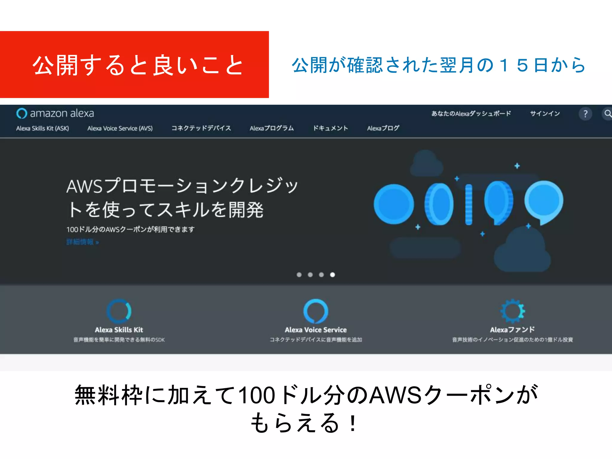 無料枠に加えて100ドル分のAWSクーポンが
もらえる！
公開すると良いこと 公開が確認された翌月の１５日から
 