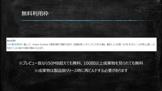 無料利用枠
※プレビュー版なら50MB超えても無料、100回以上成果物を見られても無料
※成果物は製品版リリース時に再ビルドする必要があります
 