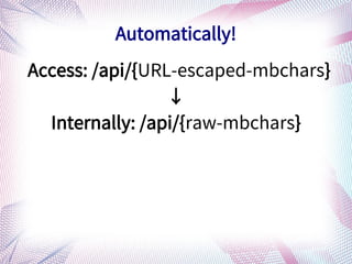 Access: /api/{URL-escaped-mbchars}

Internally: /api/{raw-mbchars}
Automatically!
 