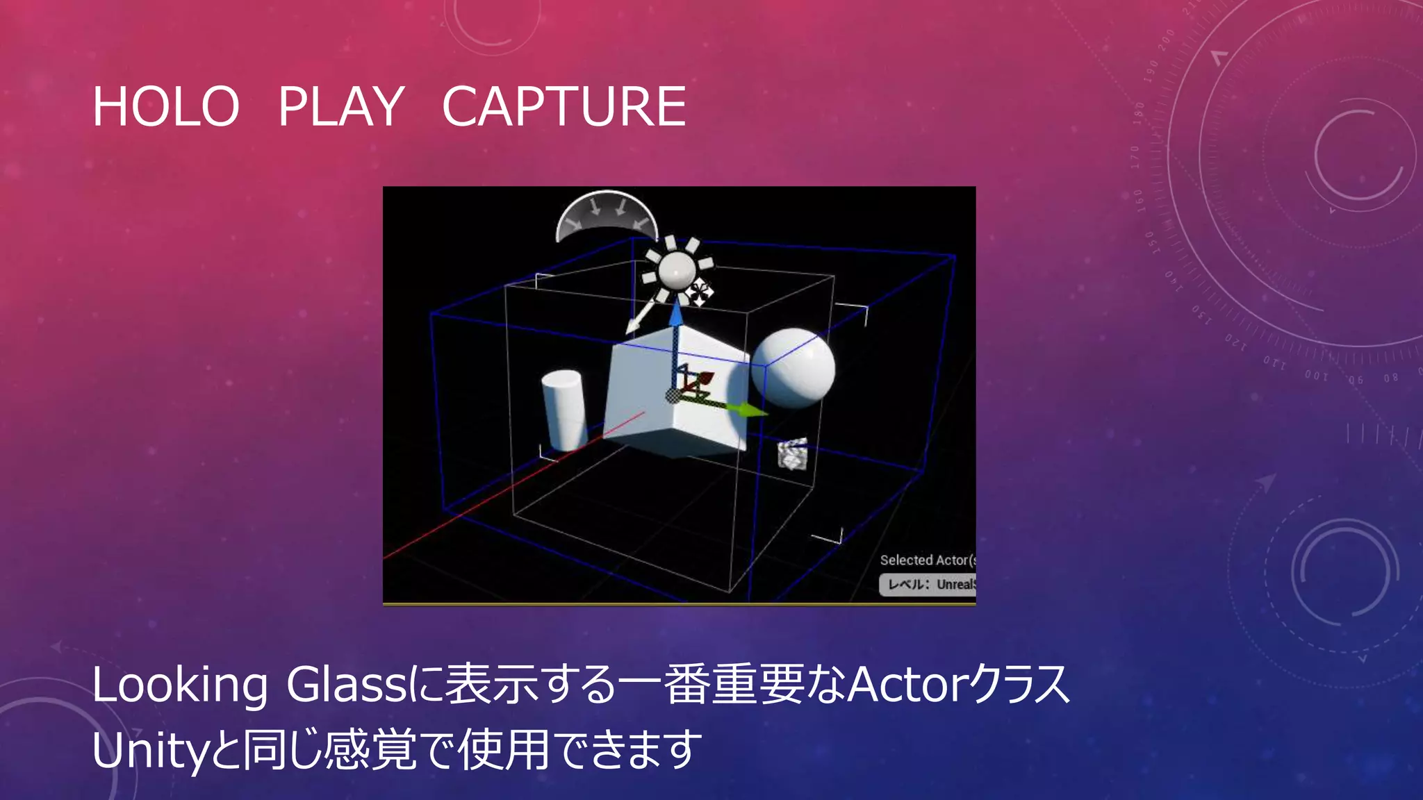 HOLO PLAY CAPTURE
Looking Glassに表示する一番重要なActorクラス
Unityと同じ感覚で使用できます
 