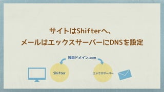サイトはShifterへ、
メールはエックスサーバーにDNSを設定
Shifter エックスサーバー
独自ドメイン.com
 