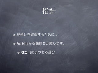 指針


見通しを確保するために…

Activityから機能を分離します。

 REQ_1にまつわる部分
 