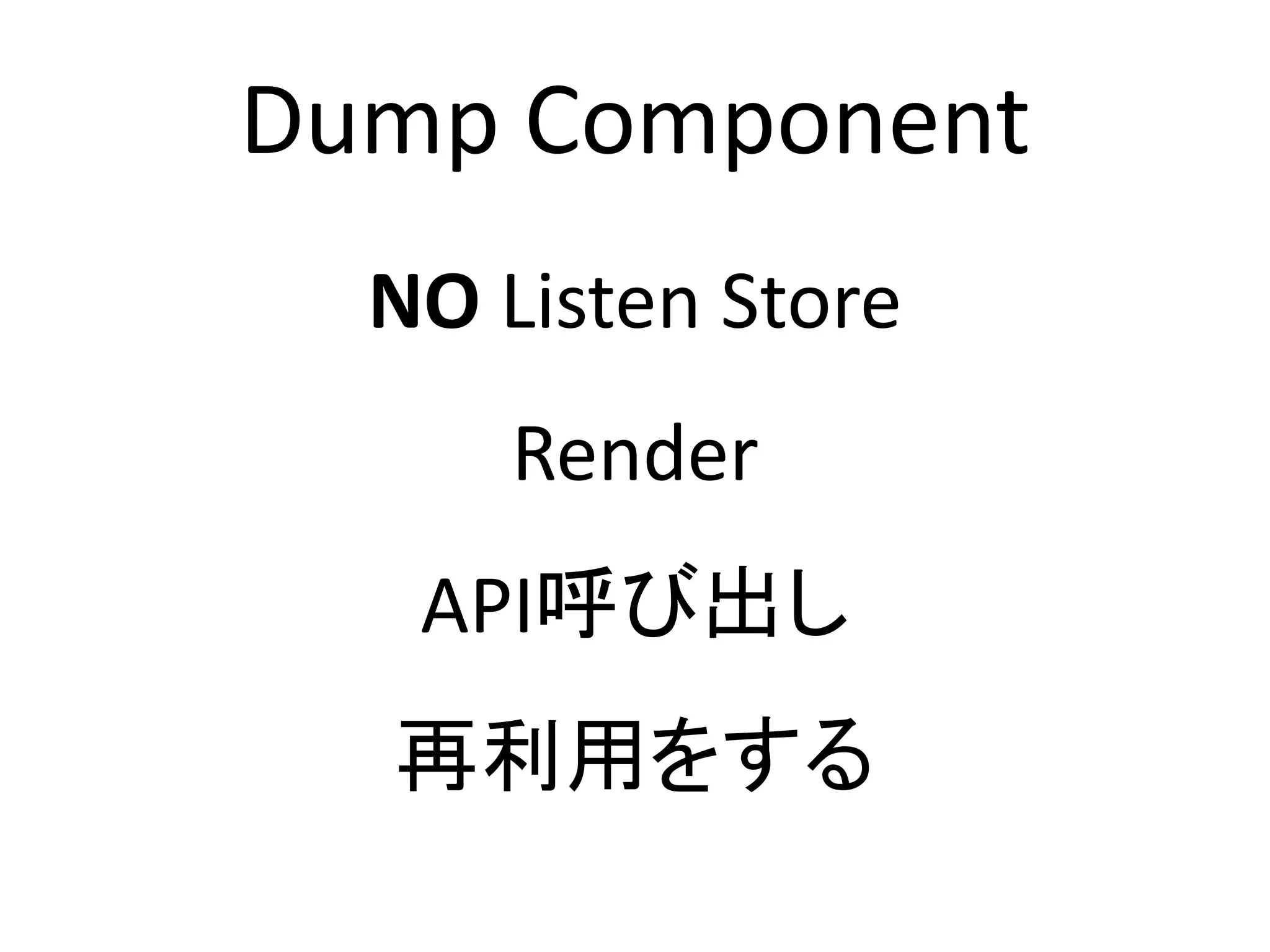 Dump Component
NO Listen Store
Render
API呼び出し
再利用をする
 