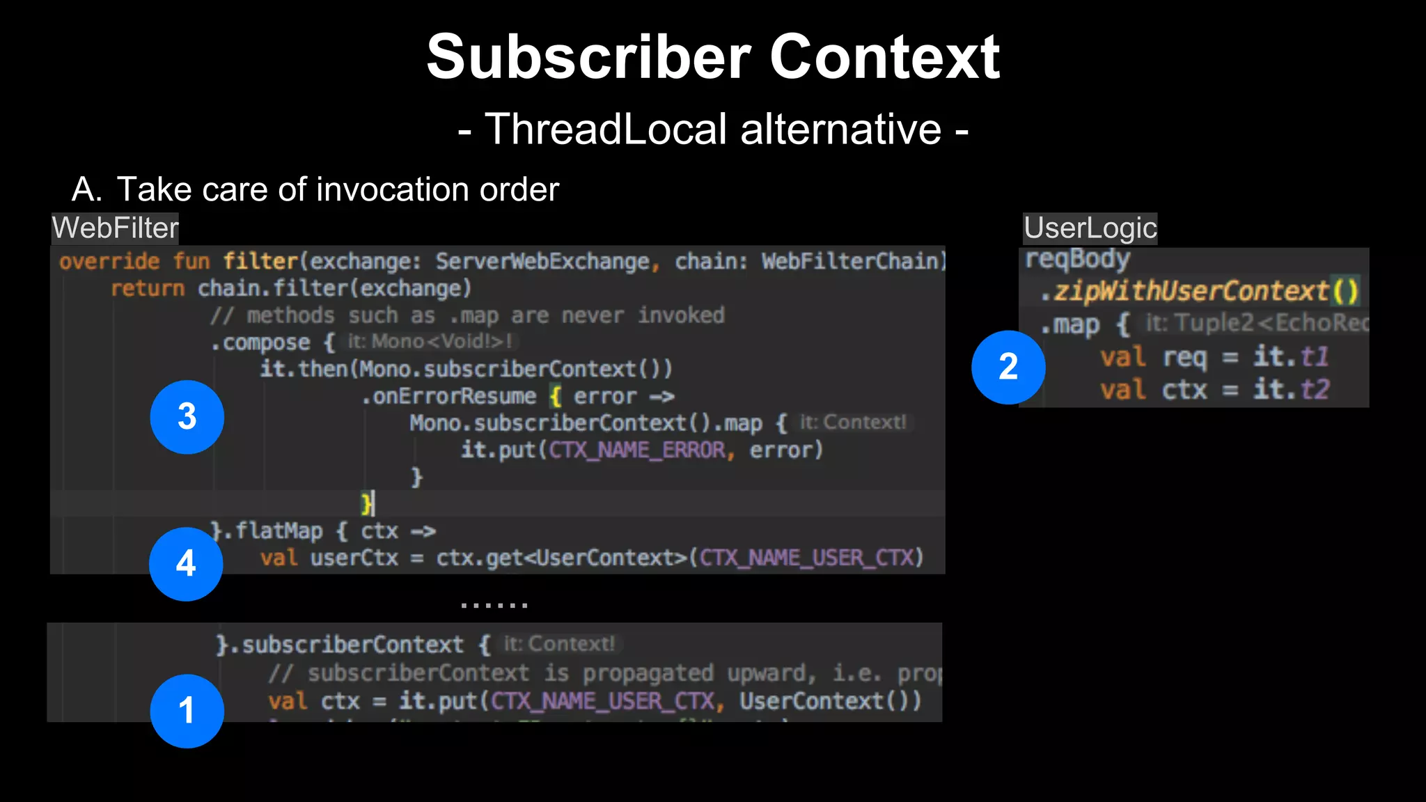 A. Take care of invocation order
Subscriber Context
- ThreadLocal alternative -
......
WebFilter UserLogic
1
2
3
4
 