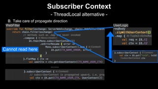 B. Take care of propagate direction
Subscriber Context
- ThreadLocal alternative -
......
WebFilter UserLogic
Cannot read here
 