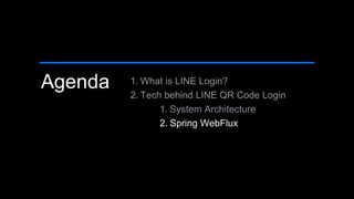 Agenda 1. What is LINE Login?
2. Tech behind LINE QR Code Login
1. System Architecture
2. Spring WebFlux
 