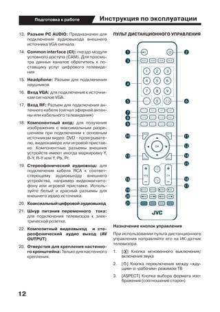 Инструкция по эксплуатации
12
Подготовка к работе
13.	 Разъем PC AUDIO: Предназначен для
подключения аудиовыхода внешнего
источника VGA сигнала.
14.	 Common interface (CI): гнездо модуля
условного доступа (САМ). Для просмо-
тра данных каналов обратитесь к по-
ставщику услуг цифрового телевиде-
ния
15.	 Headphone: Разъем для подключения
наушников
16.	 Вход VGA: для подключения к источни-
кам сигналов VGA.
17.	 Вход RF: Разъем для подключения ан-
тенного кабеля (сигнал эфирной антен-
ны или кабельного телевидения)
18.	 Компонентный вход: для получения
изображения с максимальным разре-
шением при подключении к основным
источникам видео: DVD - проигрывате-
лю, видеокамере или игровой пристав-
ке. Компонентные разъемы внешних
устройств имеют иногда маркировку Y,
B-Y, R-Y или Y, РЬ, Рг.
19.	 Стереофонический аудиовход: для
подключения кабеля RCA к соответ-
ствующему аудиовыходу внешнего
устройства, например видеомагнито-
фону или игровой приставке. Исполь-
зуйте белый и красный разъемы для
внешнего аудио источника.
20.	 Коаксиальный цифровой аудиовыход
21.	 Шнур питания переменного тока:
для подключения телевизора к элек-
трической розетке.
22.	 Композитный видеовыход и сте-
реофонический аудио выход (AV
OUTPUT)
23.	 Отверстия для крепления настенно-
го кронштейна: Только для настенного
крепления.
ПУЛЬТ ДИСТАНЦИОННОГО УПРАВЛЕНИЯ
Назначение кнопок управления
При использовании пульта дистанционного
управления направляйте его на ИК-датчик
телевизора.
1.	 [j] Кнопка мгновенного выключения/
включения звука
2.	 [o] Кнопка переключения между «жду-
щим» и «рабочим» режимом ТВ
3.	 [ASPECT] Кнопка выбора формата изо-
бражения (соотношение сторон)
 