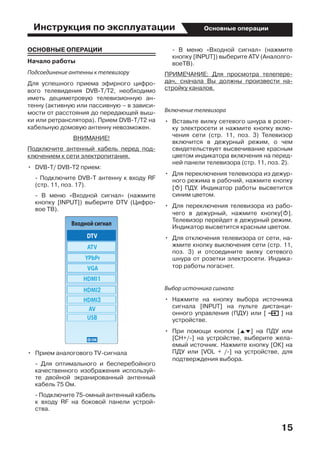 Инструкция по эксплуатации
15
Основные операции
ОСНОВНЫЕ ОПЕРАЦИИ
Начало работы
Подсоединение антенны к телевизору
Для успешного приема эфирного цифро-
вого телевидения DVB-T/T2, необходимо
иметь дециметровую телевизионную ан-
тенну (активную или пассивную – в зависи-
мости от расстояния до передающей выш-
ки или ретранслятора). Прием DVB-T/T2 на
кабельную домовую антенну невозможен.
ВНИМАНИЕ!
Подключите антенный кабель перед под-
ключением к сети электропитания.
•	 DVB-Т/ DVB-T2 прием:
	 - Подключите DVB-Т антенну к входу RF
(стр. 11, поз. 17).
	 - В меню «Входной сигнал» (нажмите
кнопку [INPUT]) выберите DTV (Цифро-
вое ТВ).
•	 Прием аналогового TV-сигнала
	 - Для оптимального и бесперебойного
качественного изображения используй-
те двойной экранированный антенный
кабель 75 Ом.
	 - Подключите 75-омный антенный кабель
к входу RF на боковой панели устрой-
ства.
	 - В меню «Входной сигнал» (нажмите
кнопку [INPUT]) выберите ATV (Аналолго-
воеТВ).
ПРИМЕЧАНИЕ: Для просмотра телепере-
дач, сначала Вы должны произвести на-
стройку каналов.
Включение телевизора
•	 Вставьте вилку сетевого шнура в розет-
ку электросети и нажмите кнопку вклю-
чения сети (стр. 11, поз. 3) Телевизор
включится в дежурный режим, о чем
свидетельствует высвечивание красным
цветом индикатора включения на перед-
ней панели телевизора (стр. 11, поз. 2).
•	 Для переключения телевизора из дежур-
ного режима в рабочий, нажмите кнопку
[o] ПДУ. Индикатор работы высветится
синим цветом.
•	 Для переключения телевизора из рабо-
чего в дежурный, нажмите кнопку[o].
Телевизор перейдет в дежурный режим.
Индикатор высветится красным цветом.
•	 Для отключения телевизора от сети, на-
жмите кнопку выключения сети (стр. 11,
поз. 3) и отсоедините вилку сетевого
шнура от розетки электросети. Индика-
тор работы погаснет.
Выбор источника сигнала
•	 Нажмите на кнопку выбора источника
сигнала [INPUT] на пульте дистанци-
онного управления (ПДУ) или [ ] на
устройстве.
•	 При помощи кнопок [FG] на ПДУ или
[CH+/-] на устройстве, выберите жела-
емый источник. Нажмите кнопку [ОК] на
ПДУ или [VOL + /-] на устройстве, для
подтверждения выбора.
 