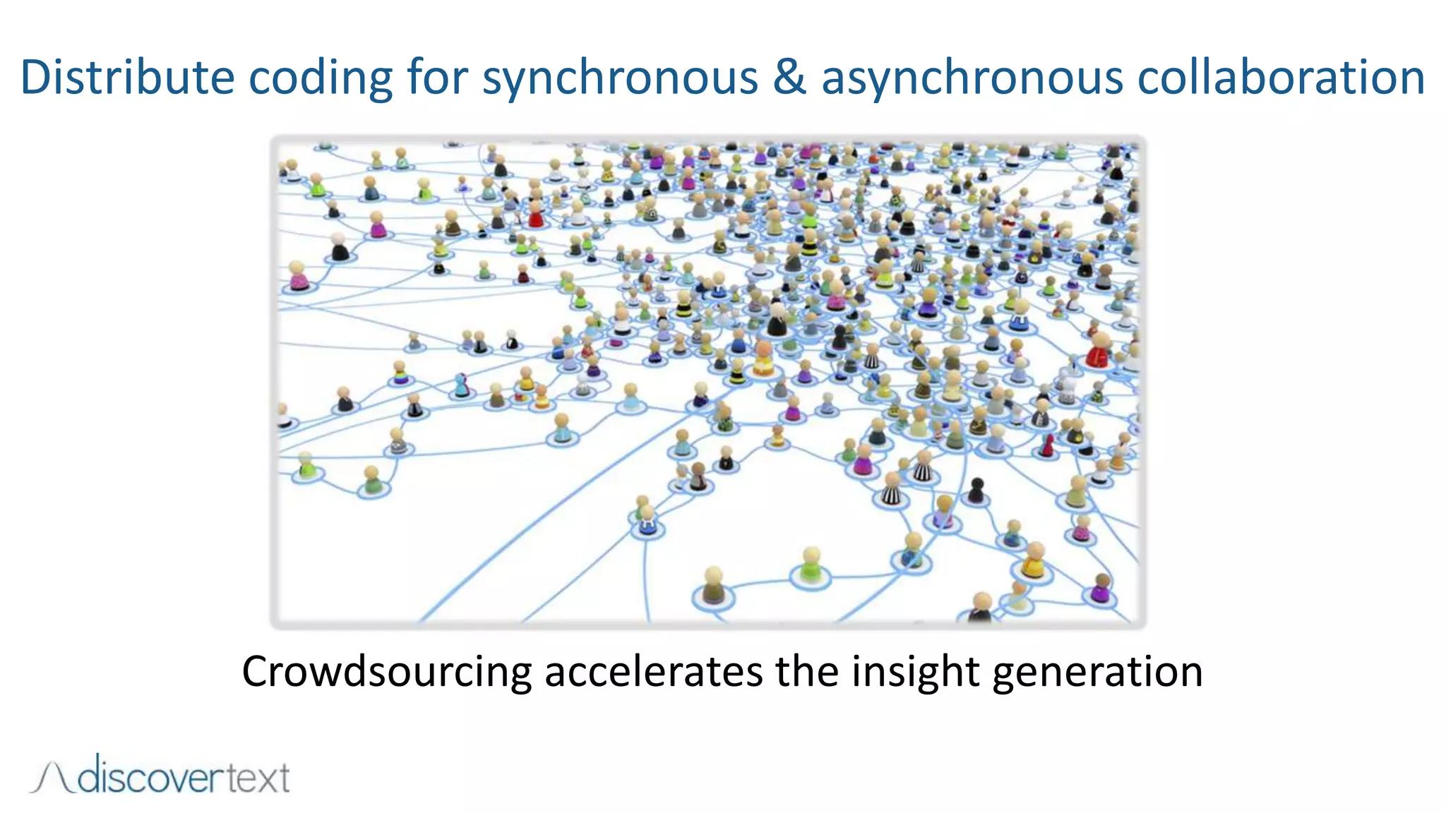 Crowdsourcing accelerates the insight generation
Distribute coding for synchronous & asynchronous collaboration
 