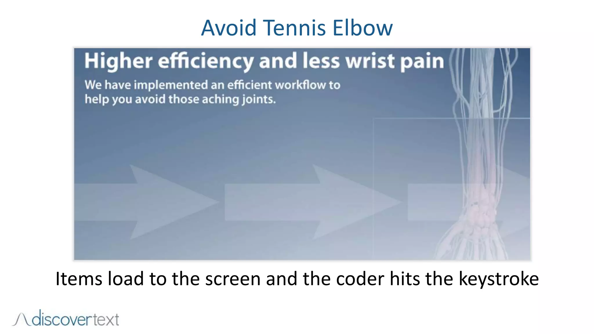 Avoid Tennis Elbow
Items load to the screen and the coder hits the keystroke
 