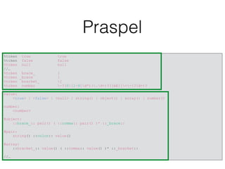 Praspel
%token true true
%token false false
%token null null
//…
%token brace_ {
%token _brace }
%token bracket_ [
%token number -?(0|[1-9]d*)(.d+)?([eE][+-]?d+)?
value:
<true> | <false> | <null> | string() | object() | array() | number()
number:
<number>
#object:
::brace_:: pair() ( ::comma:: pair() )* ::_brace::
#pair:
string() ::colon:: value()
#array:
::bracket_:: value() ( ::comma:: value() )* ::_bracket::
//…
 