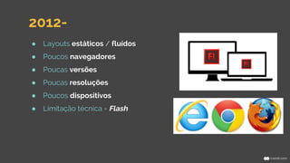 2012- 
● Layouts estáticos / fluídos 
● Poucos navegadores 
● Poucas versões 
● Poucas resoluções 
● Poucos dispositivos 
● Limitação técnica = Flash 
 