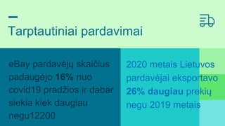 Tarptautiniai pardavimai
2020 metais Lietuvos
pardavėjai eksportavo
26% daugiau prekių
negu 2019 metais
eBay pardavėjų ska...