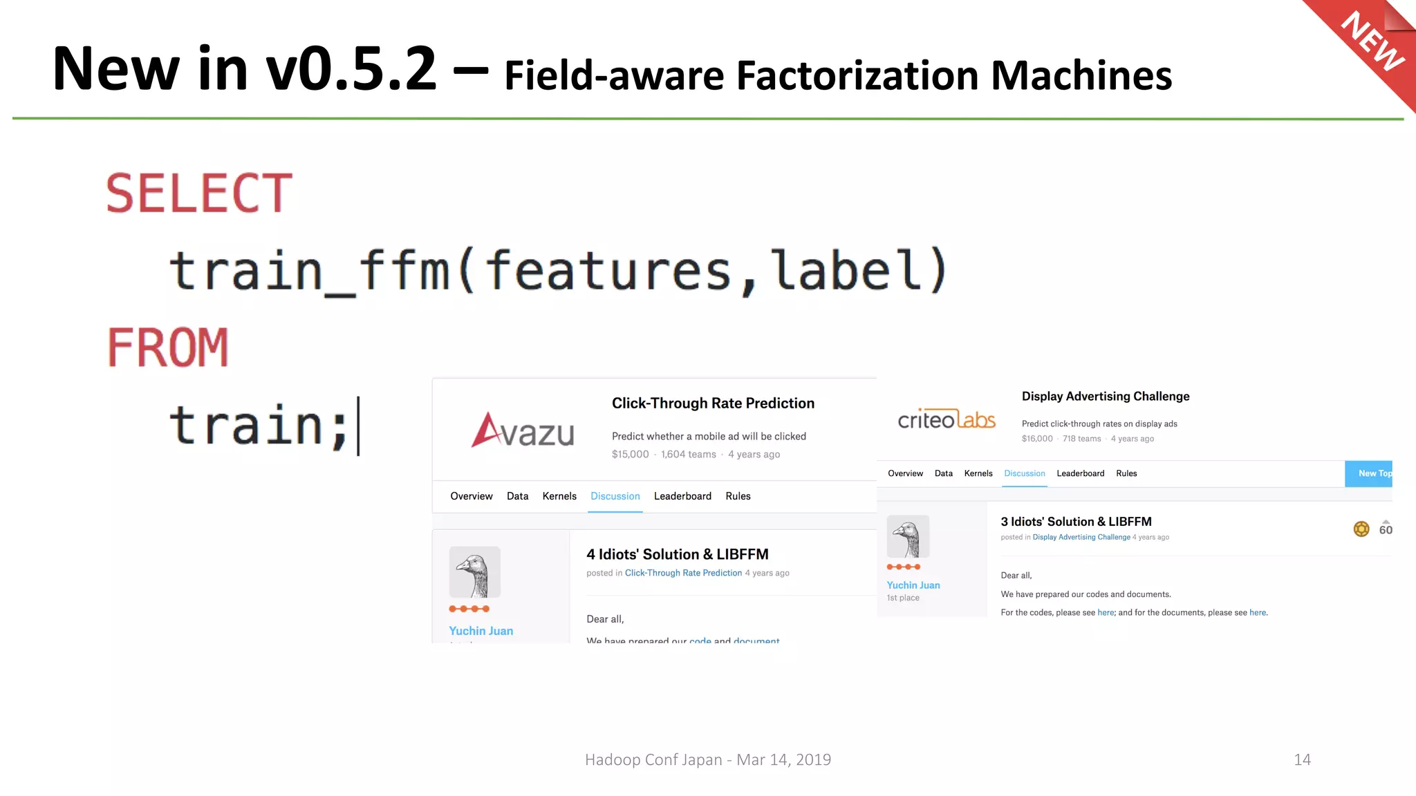 New in v0.5.2 – Field-aware Factorization Machines
Hadoop Conf Japan - Mar 14, 2019 14
 