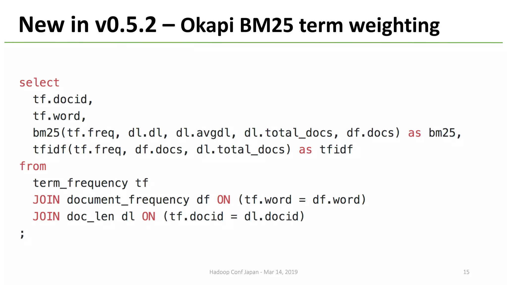 Hadoop Conf Japan - Mar 14, 2019 15
New in v0.5.2 – Okapi BM25 term weighting
 