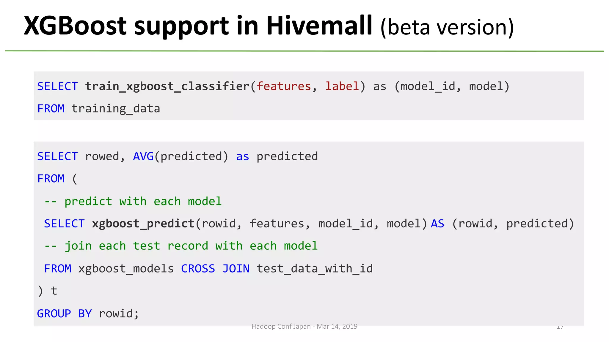 17
SELECT train_xgboost_classifier(features, label) as (model_id, model)
FROM training_data
XGBoost support in Hivemall (beta version)
SELECT rowed, AVG(predicted) as predicted
FROM (
-- predict with each model
SELECT xgboost_predict(rowid, features, model_id, model) AS (rowid, predicted)
-- join each test record with each model
FROM xgboost_models CROSS JOIN test_data_with_id
) t
GROUP BY rowid;
Hadoop Conf Japan - Mar 14, 2019
 