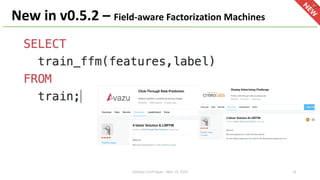New in v0.5.2 – Field-aware Factorization Machines
Hadoop Conf Japan - Mar 14, 2019 14
 