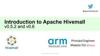 Introduction to Apache Hivemall
v0.5.2 and v0.6
Principal Engineer
Makoto YUI @myui
@ApacheHivemall
1Hadoop Conf Japan - Mar 14, 2019
 