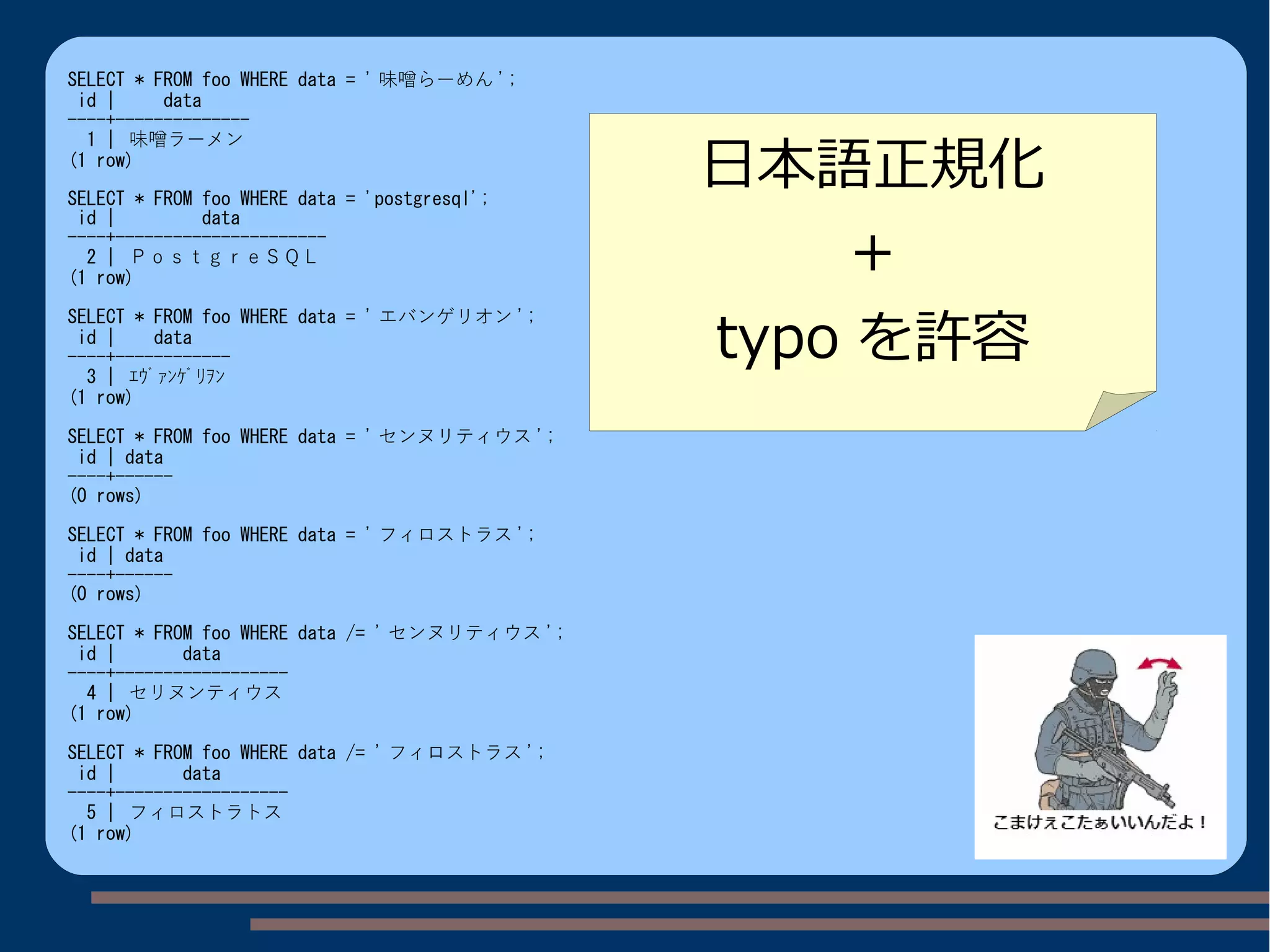 SELECT * FROM foo WHERE data = ' 味噌らーめん ';
id | data
----+--------------
1 | 味噌ラーメン
(1 row)
SELECT * FROM foo WHERE data = 'postgresql';
id | data
----+----------------------
2 | ＰｏｓｔｇｒｅＳＱＬ
(1 row)
SELECT * FROM foo WHERE data = ' エバンゲリオン ';
id | data
----+------------
3 | ｴｳﾞｧﾝｹﾞﾘｦﾝ
(1 row)
SELECT * FROM foo WHERE data = ' センヌリティウス ';
id | data
----+------
(0 rows)
SELECT * FROM foo WHERE data = ' フィロストラス ';
id | data
----+------
(0 rows)
SELECT * FROM foo WHERE data /= ' センヌリティウス ';
id | data
----+------------------
4 | セリヌンティウス
(1 row)
SELECT * FROM foo WHERE data /= ' フィロストラス ';
id | data
----+------------------
5 | フィロストラトス
(1 row)
日本語正規化
＋
typo を許容
 