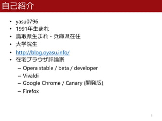ԼB
? yasu0796
? 1991ޤ
? Bȡhޤ?hס
? ѧԺ
? http://blog.oyasu.info/
? լ֥饦uՓ
C Opera stable / beta / developer
C Vivaldi
C Google Chrome / Canary (_k)
C Firefox
3
 