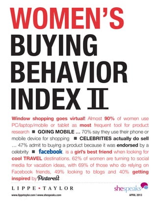 WOMEN’S
BUYING
BEHAVIOR
INDEX II
www.lippetaylor.com | www.shespeaks.com
Window shopping goes virtual! Almost 90% of women use
PC/laptop/mobile or tablet as most frequent tool for product
research GOING MOBILE … 70% say they use their phone or
mobile device for shopping CELEBRITIES actually do sell
… 47% admit to buying a product because it was endorsed by a
celebrity is a girl’s best friend when looking for
cool TRAVEL destinations. 62% of women are turning to social
media for vacation ideas, with 69% of those who do relying on
Facebook friends, 49% looking to blogs and 40% getting
inspired by
APRIL 2013
 